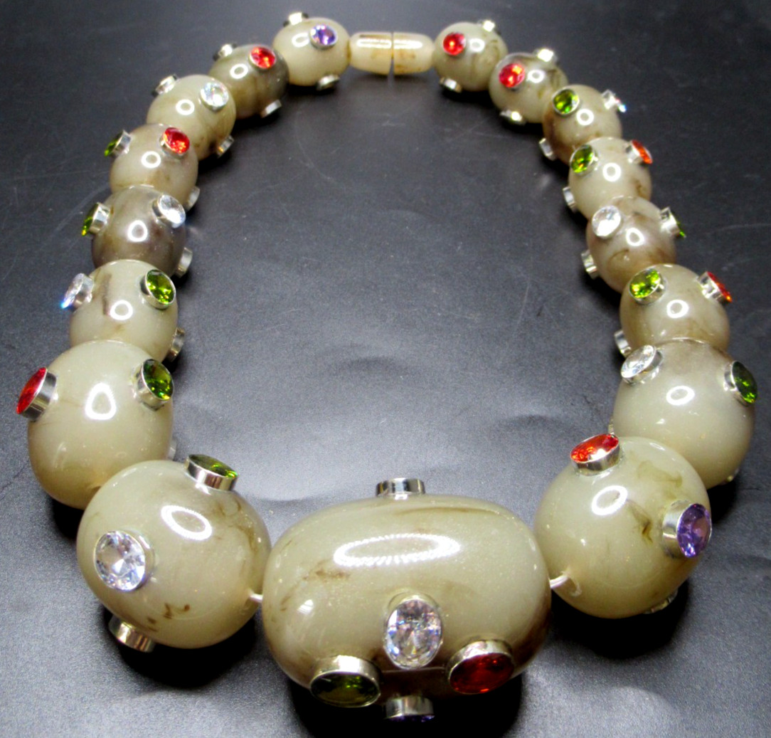 Amazing HUGE Stone Looking Lucite Bead Bezel Set Genuine Gemstone Necklace