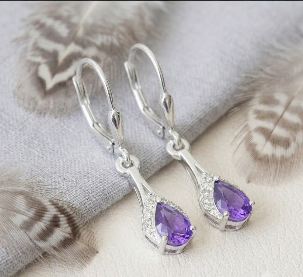 925 Sterling Silver Pear Amethyst Dangle Women Earrings Minimalist Jewelry Gift