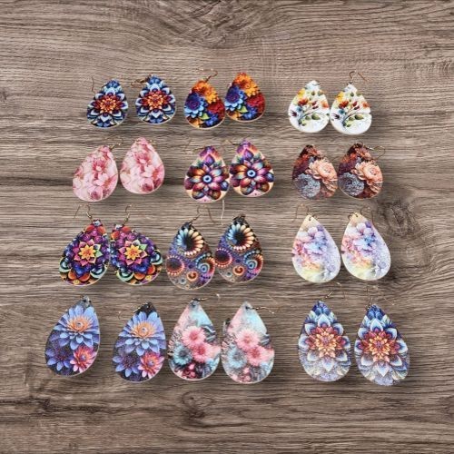 12 Pairs Fashion Boho Flower Pattern Design Water Drop Dangle Earrings Women New