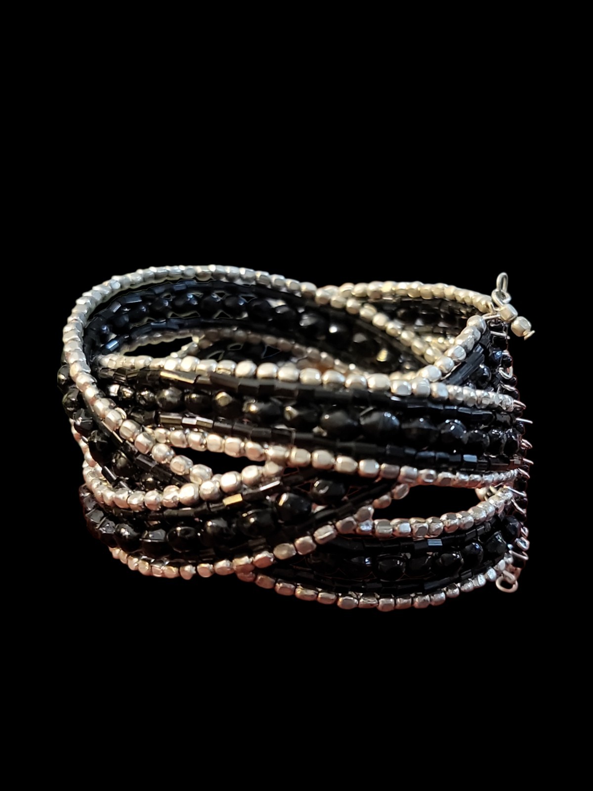Glamour Triple Twisted Black Silver Tone Wire Cuff Faceted Beaded Bracelet