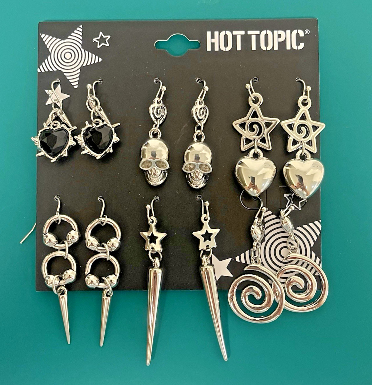 Hot Topic Earring Set 6 Pairs Silver Tone Dangles Spike Heart Spiral Skull