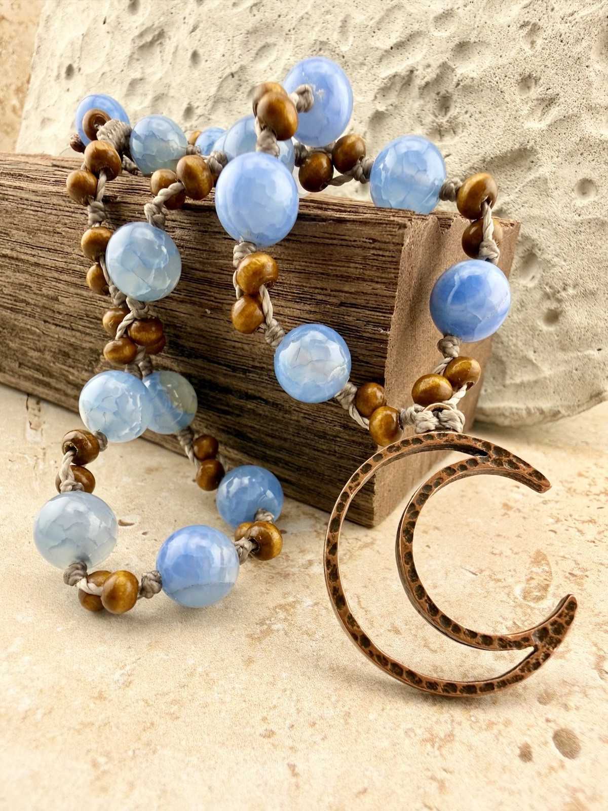 Copper Moon Pendant Necklace w/ Blue Banded Crackle Agate Crystal USA Artisan