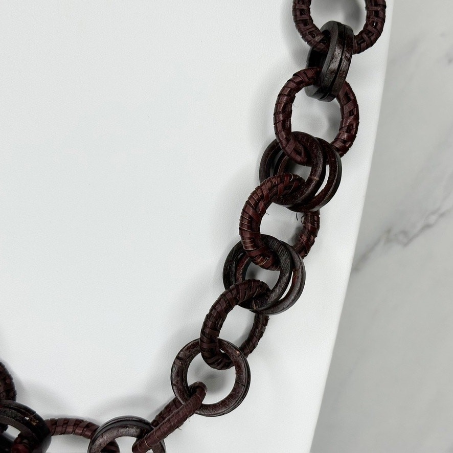 Dark Brown Wood Ring Link Cord Wrapped Chain Necklace Boho Artisan 30″ Slip On