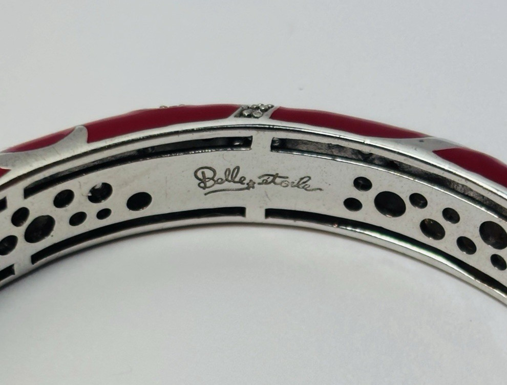 Belle Etoile Sterling 925 Silver Red Enamel Royale CZ Bangle Bracelet 7 in-1.3