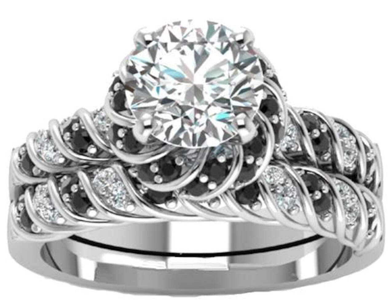 Women’s Black and White Cz Halo Wedding Ring Set Sterling Silver