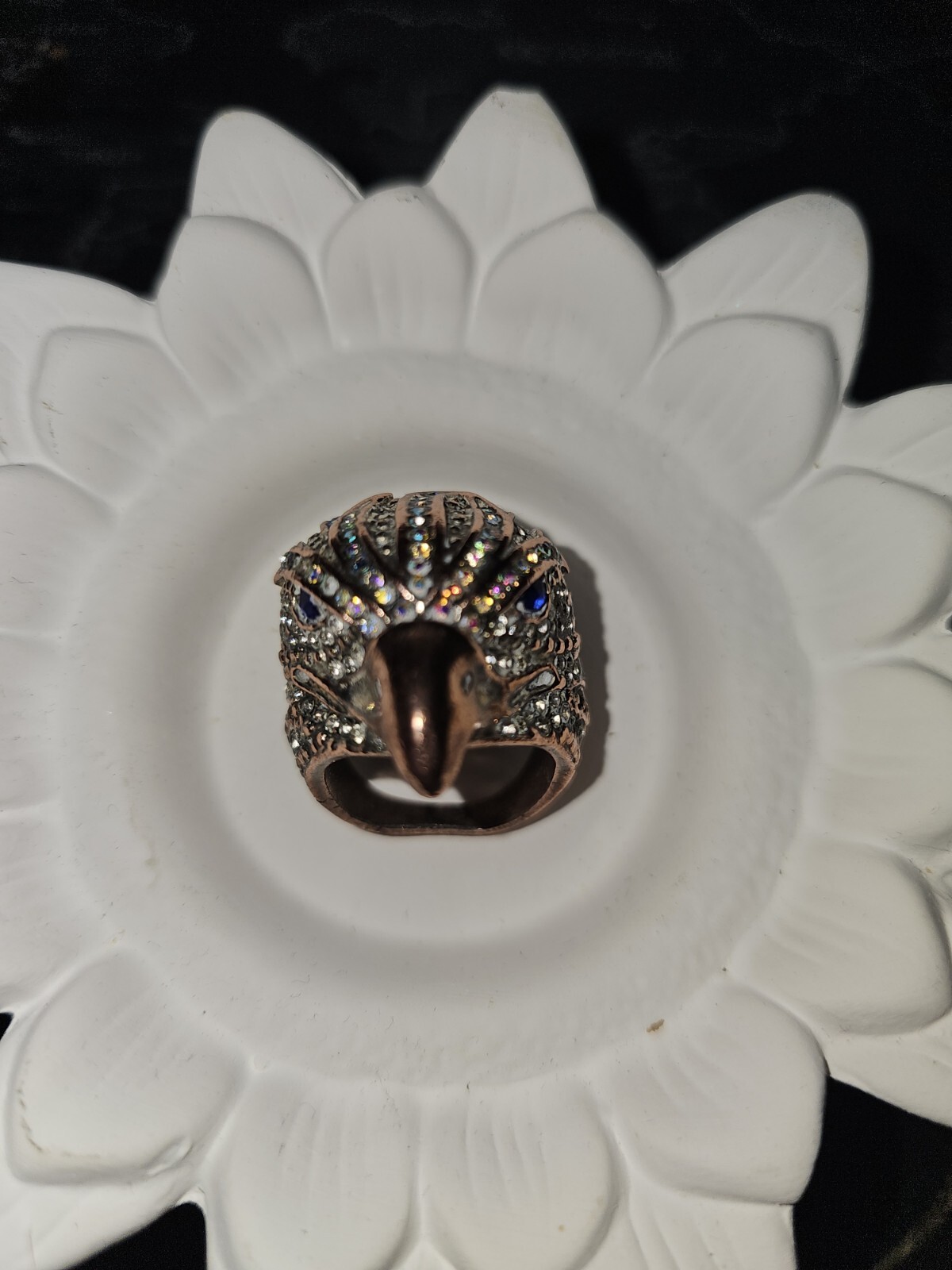 ST & Crystal Eagle Ring W/ Blue Sapphire Rhinestone Eyes, Aurora Borealis Crown