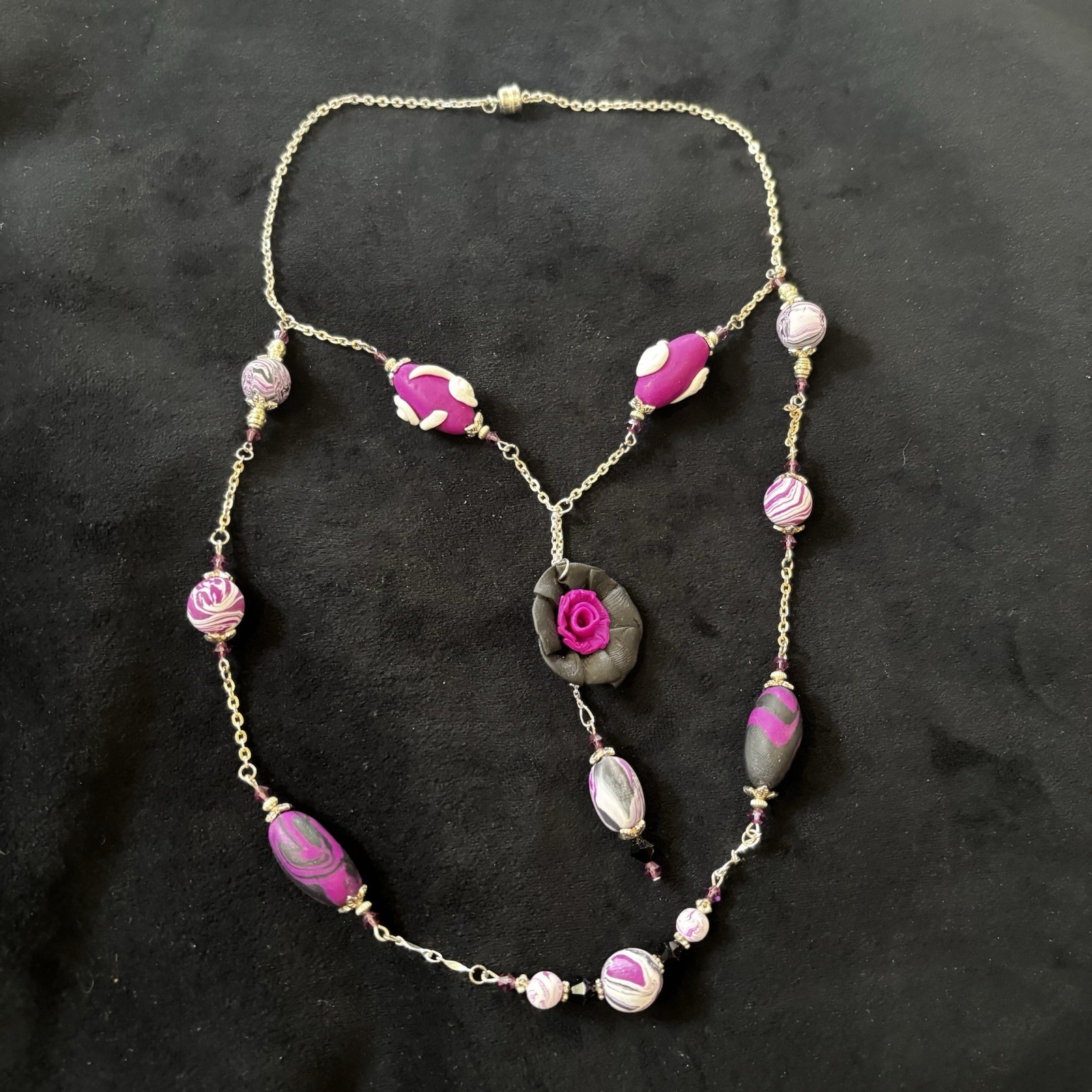Silver Tone Double Strand Polymer Clay Bead Necklace Purple Black Flower Dangle