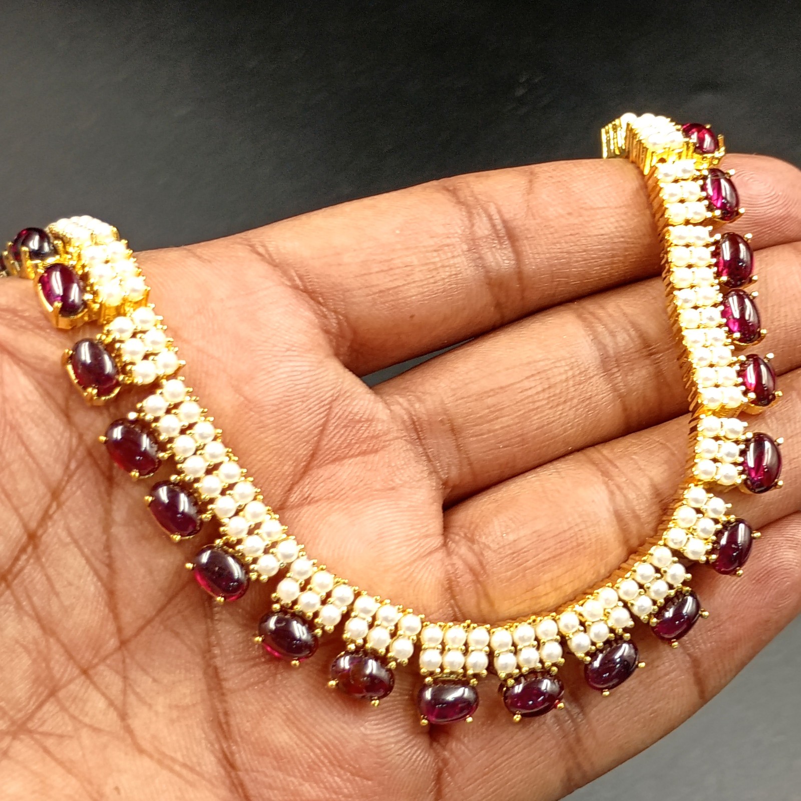 Garnet and Pearl Necklace Set 22k Gold Plated Traditional Ethnic Jewelry