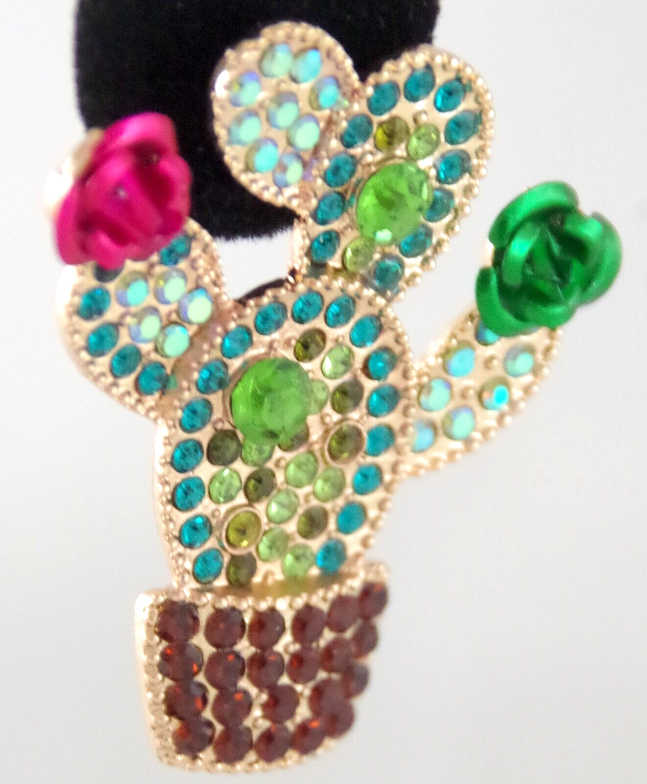 1.75″ BETSEY JOHNSON CRYSTAL RHINESTONE CACTI w 3D METAL CACTUS FLOWERS EARRINGS