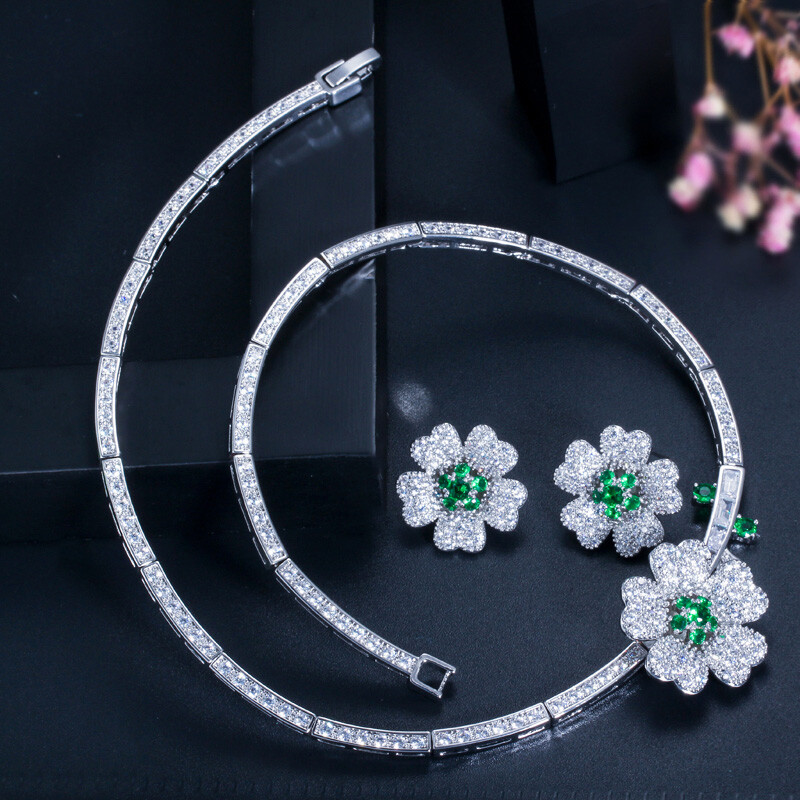 Silver Plated CZ Green Flower Choker Women Party Necklace Earrings Jewelry Set