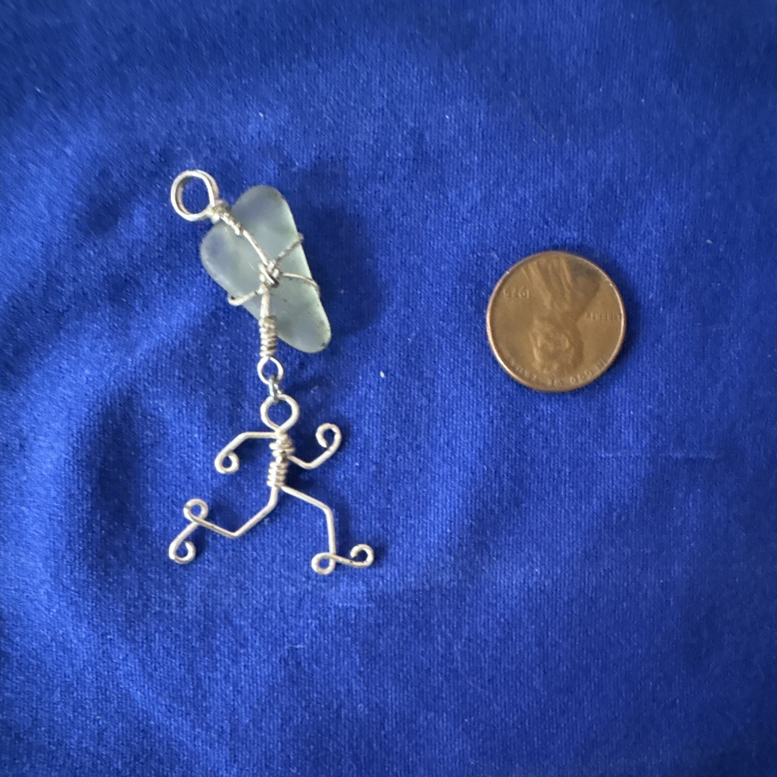 Wire Wrapped Green Sea Glass Charm Pendant, Silver Tone Metal Figure, Beach