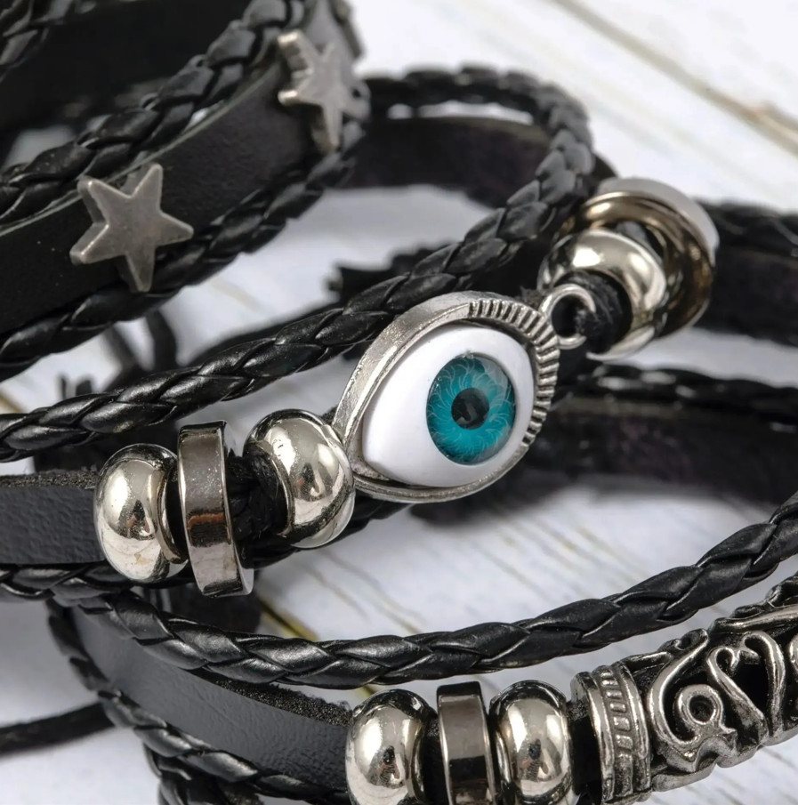 5pcs Punk Style Braided Bracelet Set – Wing & Star Design Leather Wristbands