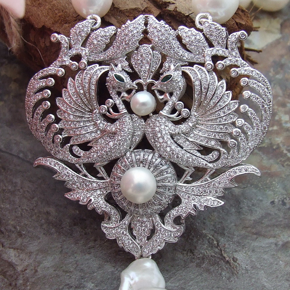 24” 14x26MM White Rice Pearl Necklace  CZ Pendant
