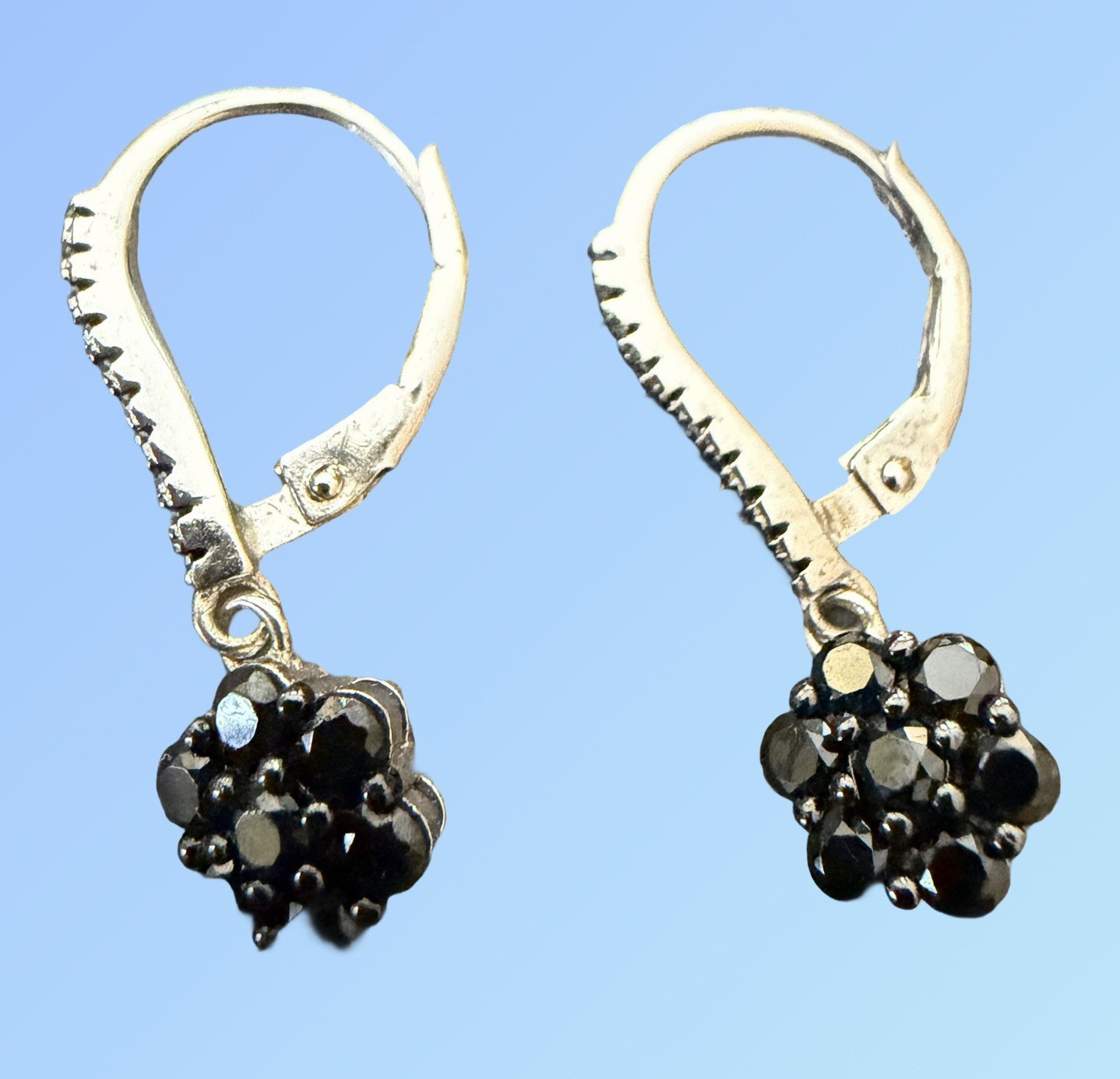 FZN Sterling Silver 925 Black Spinel Flower Cluster Leverback Drop Earrings CN