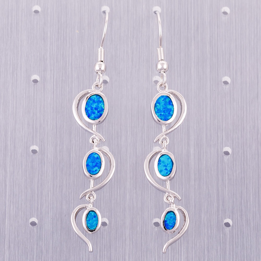 Heart Ocean Blue Fire Opal Oval Silver Jewelry Dangle Drop Earrings