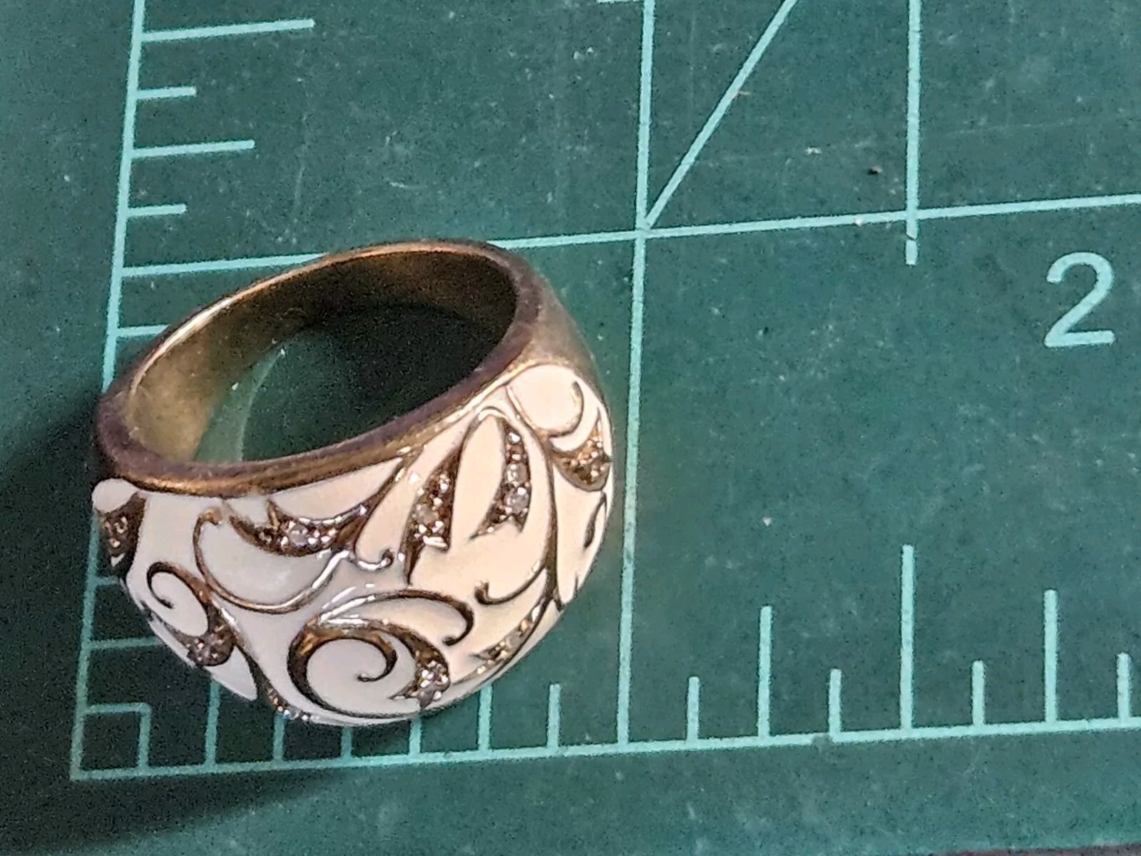 Sterling Silver Scroll Ivory Enamel Clear CZ Dome Ring Size 6 Signed ZRW