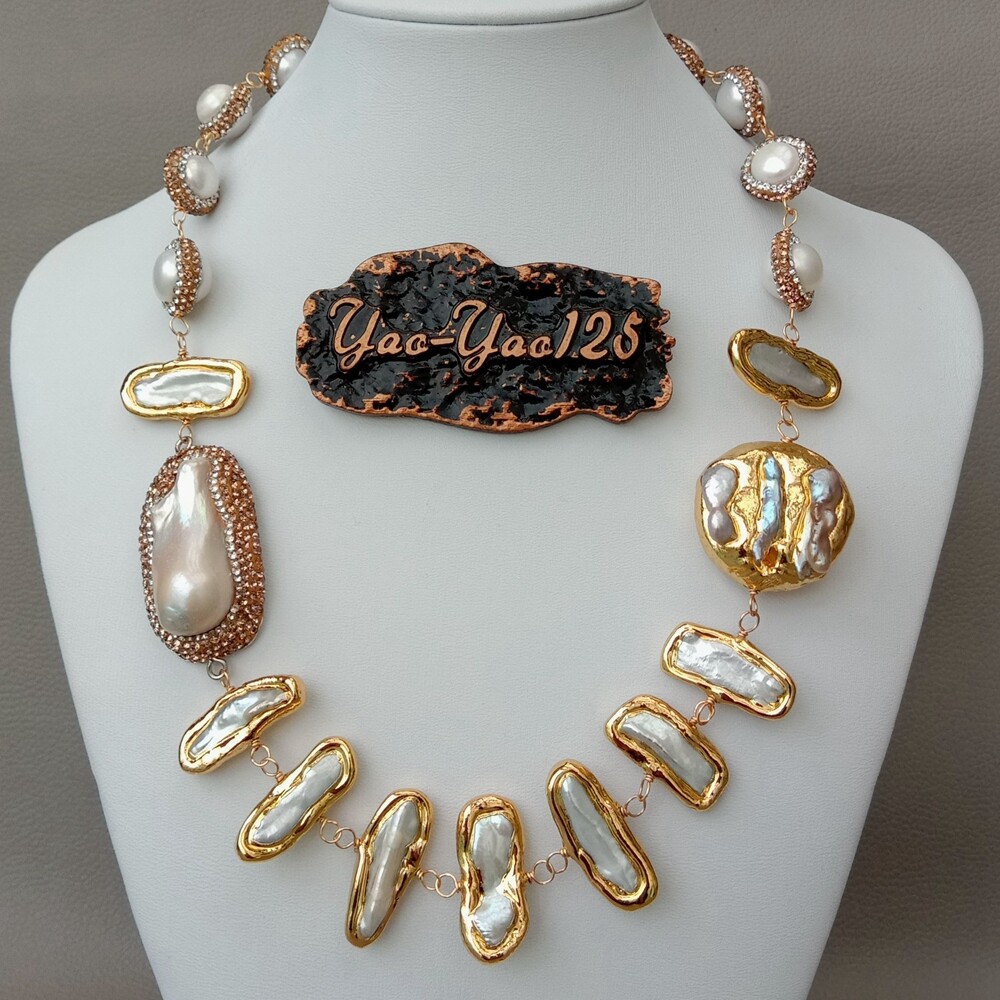 20″ Freshwater White Keshi Biwa Pearl 24 K Yellow Gold Plated Necklace