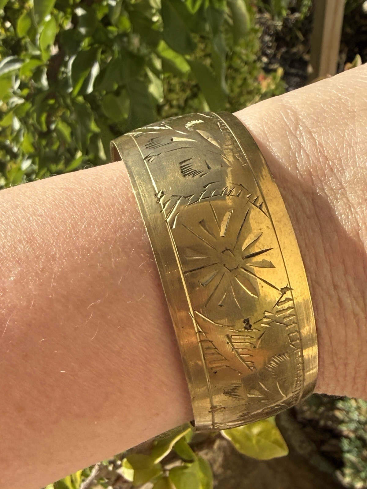 Vintage Wide Solid Brass Bangle Bracelet Floral Etched For Average Wrist