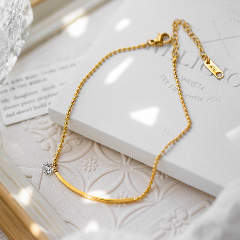 Woman 18K Gold Plated Stainless Steel CZ Charm Bead Chain Bangle Anklet 10 in