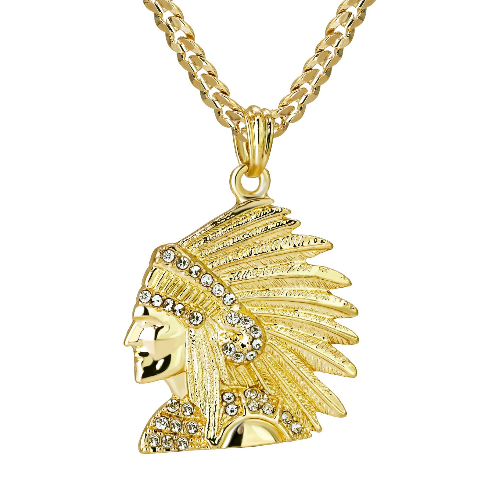 Indian Head Cubic Zirconia 14k Gold Plated Pendant 24″ Cuban Link Chain Hip Hop
