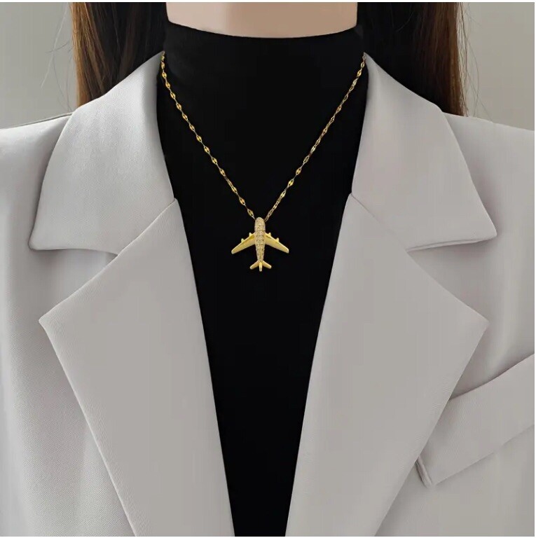 Aircraft Airplane Jet Aviation Pilot Travel Gold Diamond Pendant Necklace