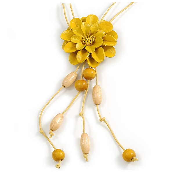 Yellow Leather Daisy Pendant with Long Cotton Cord – 80cm L/ 18cm L Pendant –