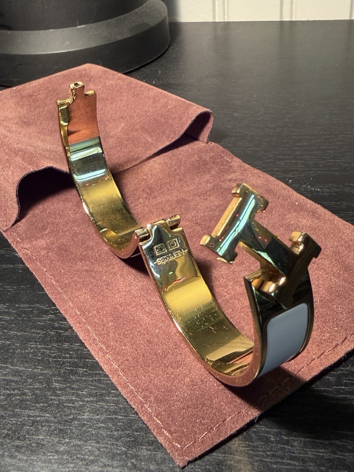 Hermès Clic H Enamel Hinged Bangle Bracelet H Shape Gold White France