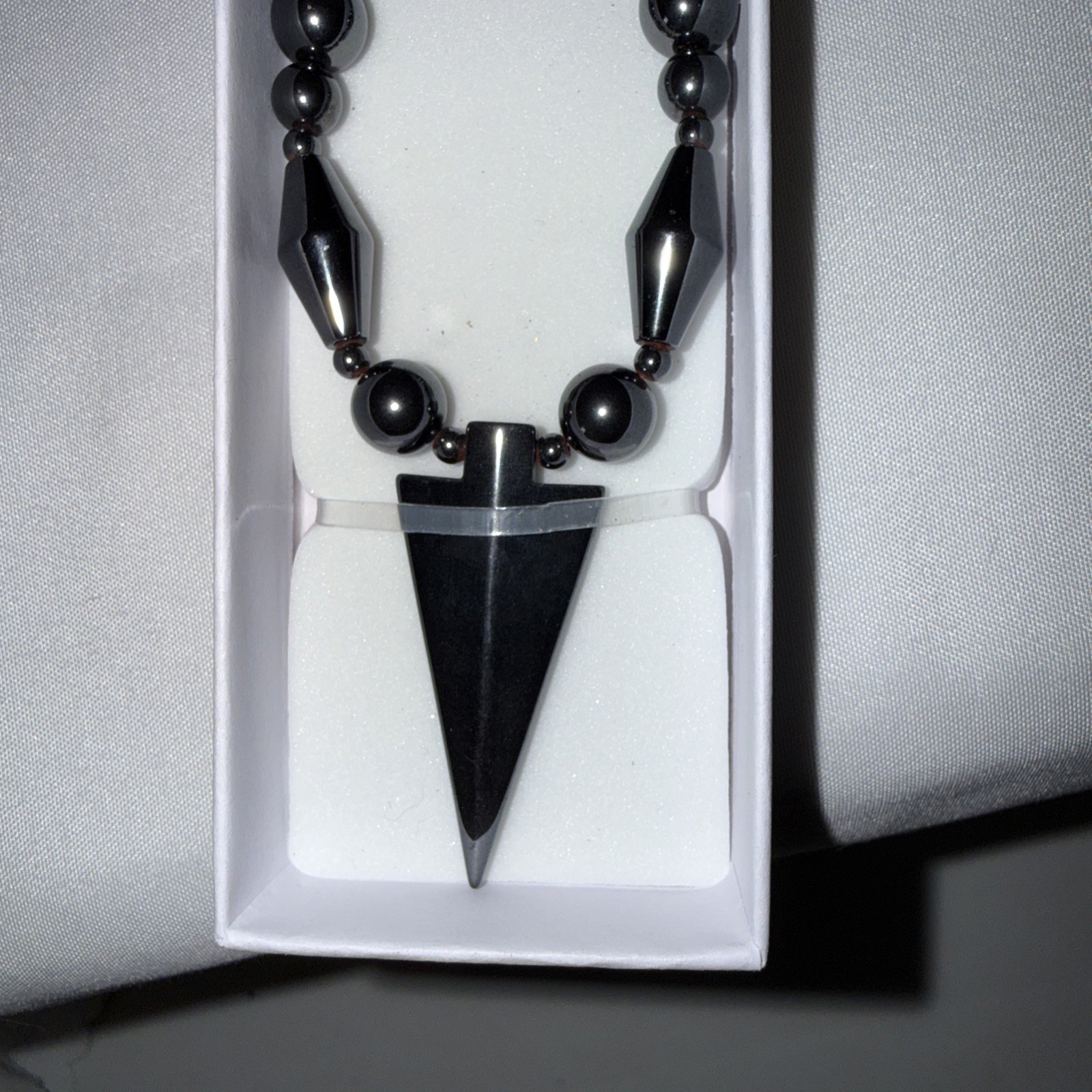 NEW Hematite Beaded Necklace with Arrowhead Triangle Pendant – Gunmetal Gray