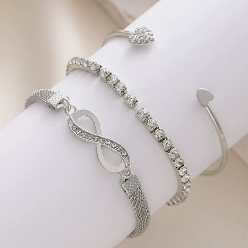 Women 3pcs Silver Plated Bracelet Set CZ Accent Infinity Heart Mesh Chain Bangle