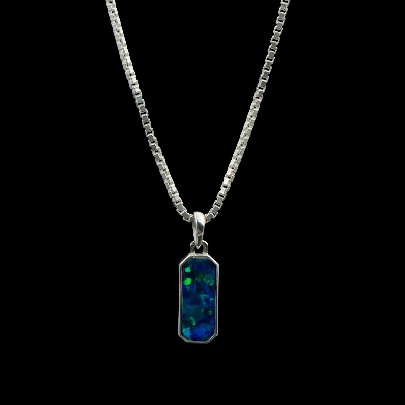 Rectangular Blue Fire Opal Pendant in Polished 925 Sterling Silver Jewelry Gift