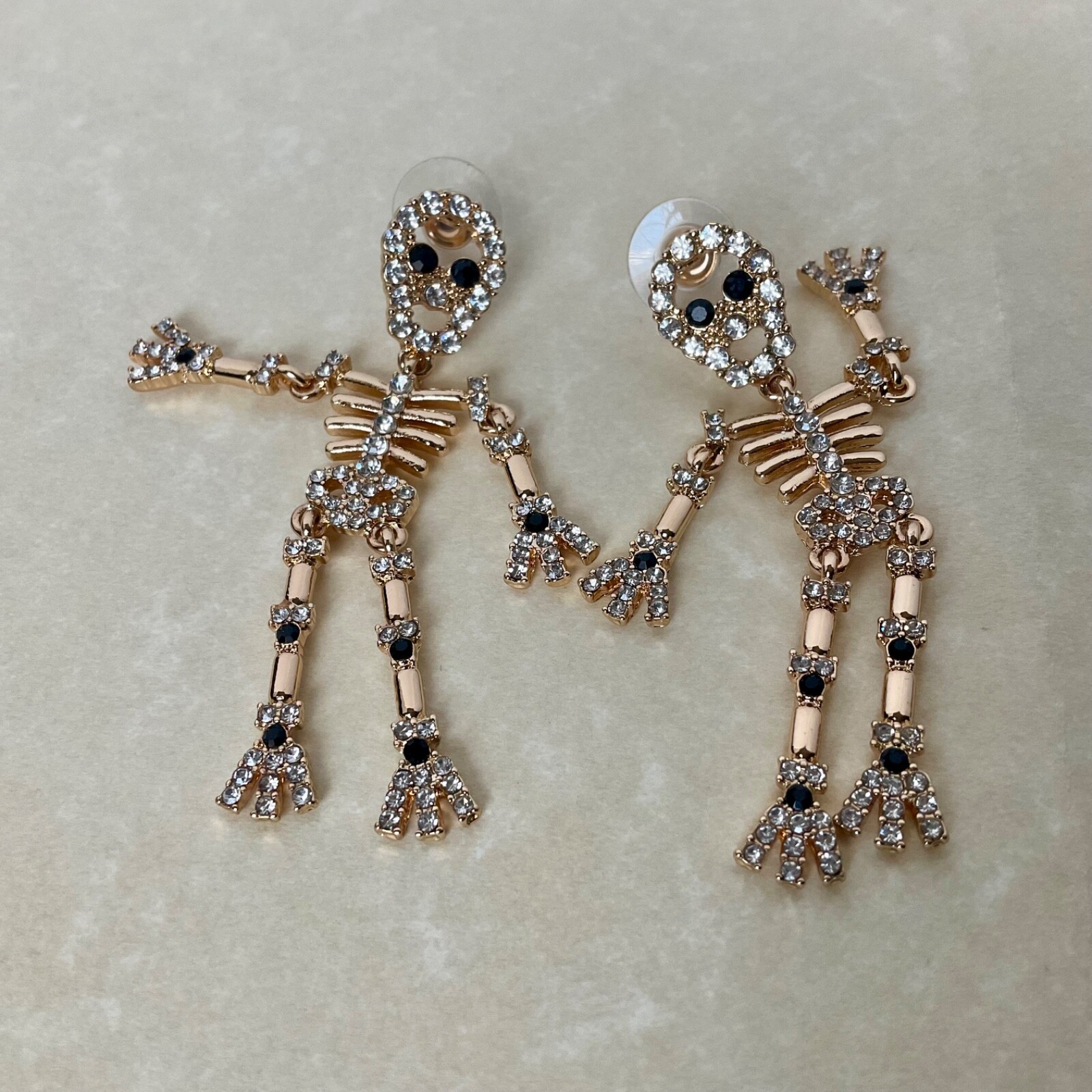 Skeleton Dangle Earrings Gold Tone Rhinestones Articulating Bijoux Bar