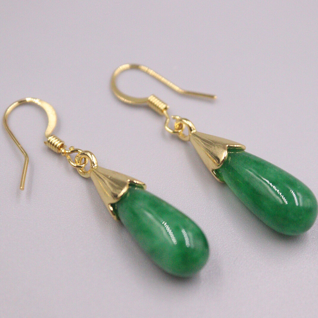 18K Jade Earrings Drop Women’s Green Raindrop Elegant Earrings