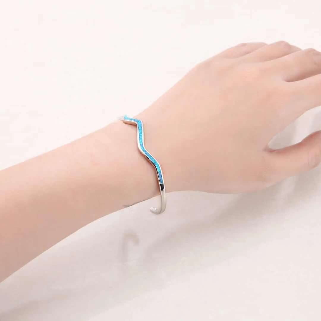 Hawaii Blue Opal Waves Cuff Bangles 925 Sterling Sliver Jewelry For Women Girls