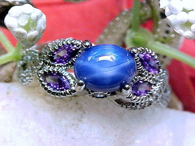 Blue Star Sapphire Ring 8X6mm & Amethyst & White Topaz 925 Sz 10.25