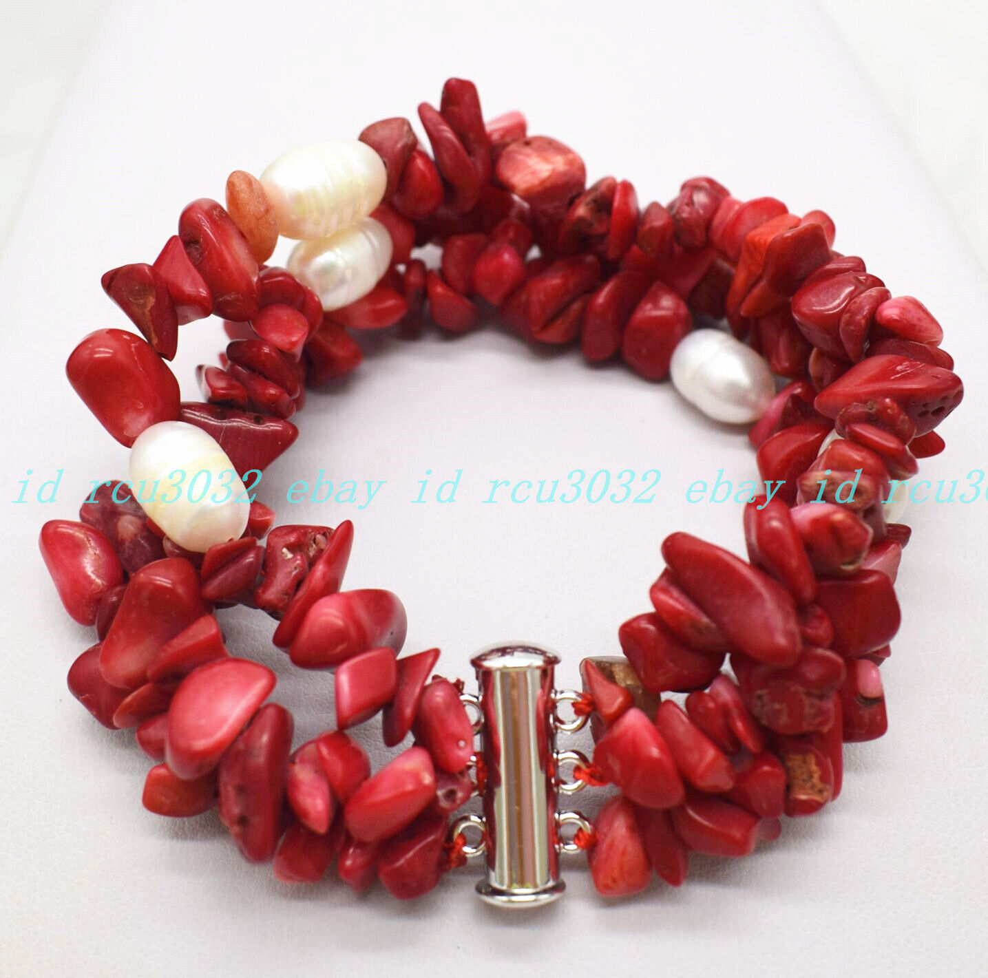 Natural 3 Rows Red Coral Gravel Gems White Pearl Necklace Bracelet Earring Set