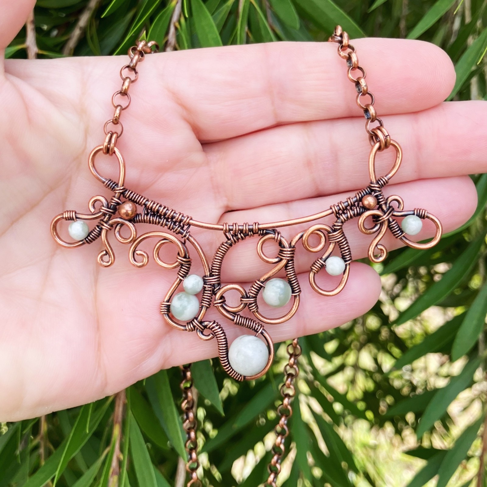 Natural Stone Abstract Wire Wrapped Necklace Bohemian Whimsical Copper Handmade
