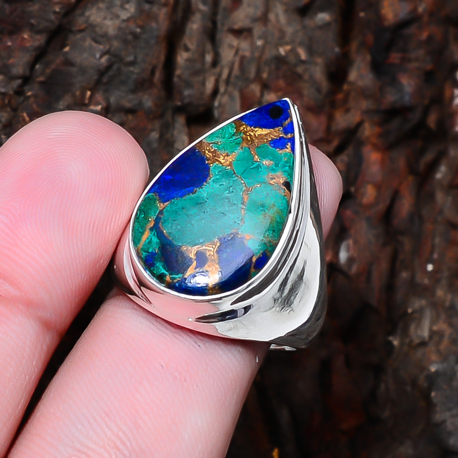 Copper Azurite Chrysocolla Designer Handmade 925 Sterling Silver Ring S.9 R26213