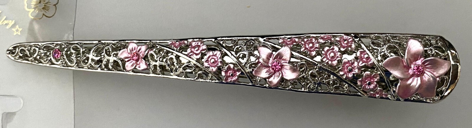 LONG SILVERTONE HAIR CLAMP PINK CRYSTALS ENAMEL FLOWERS SHIPS FAST FROM USA