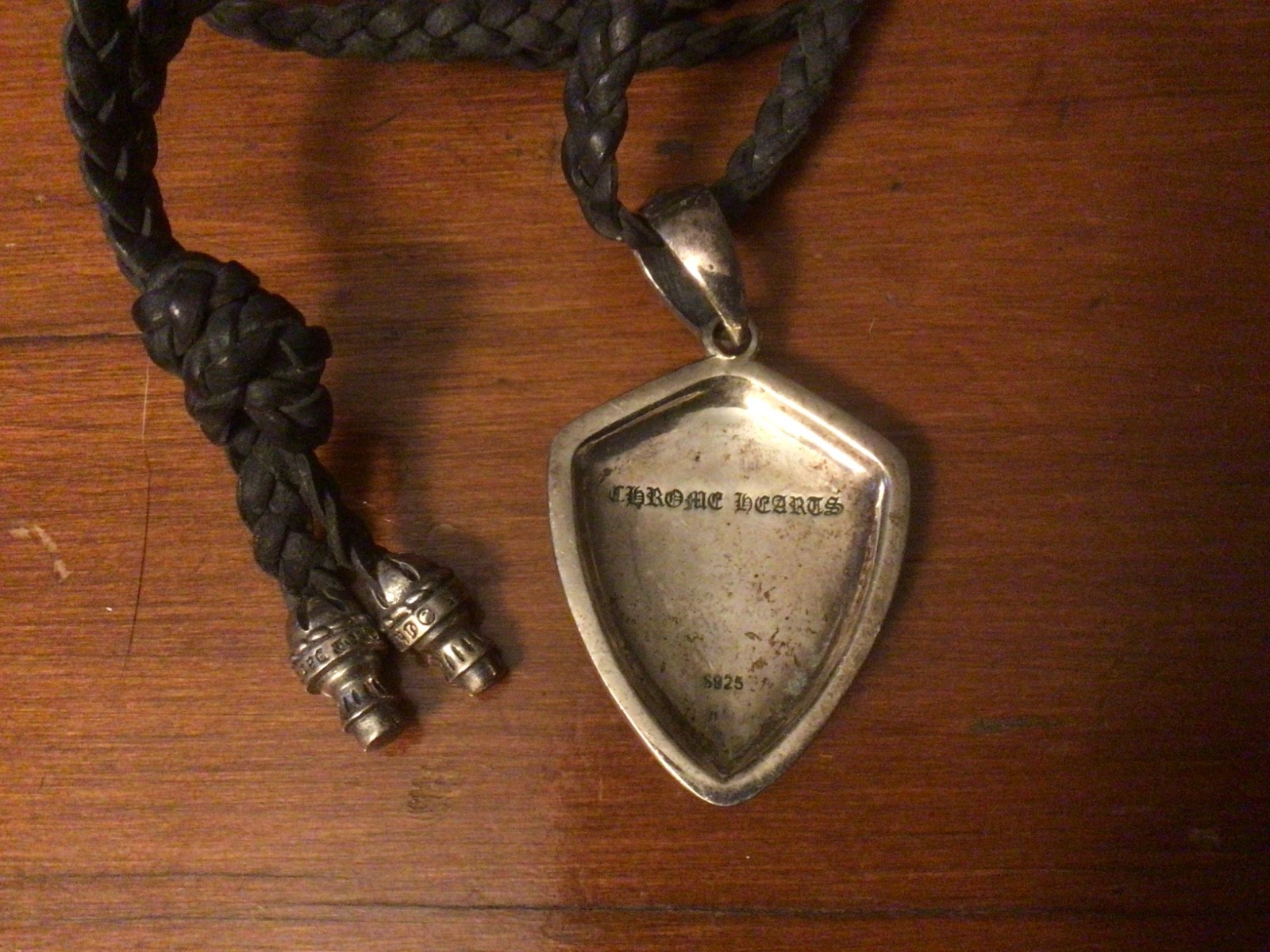 Chrome Hearts Fleur De Lis Pendant 925 Silver braided black leather w/925 caps