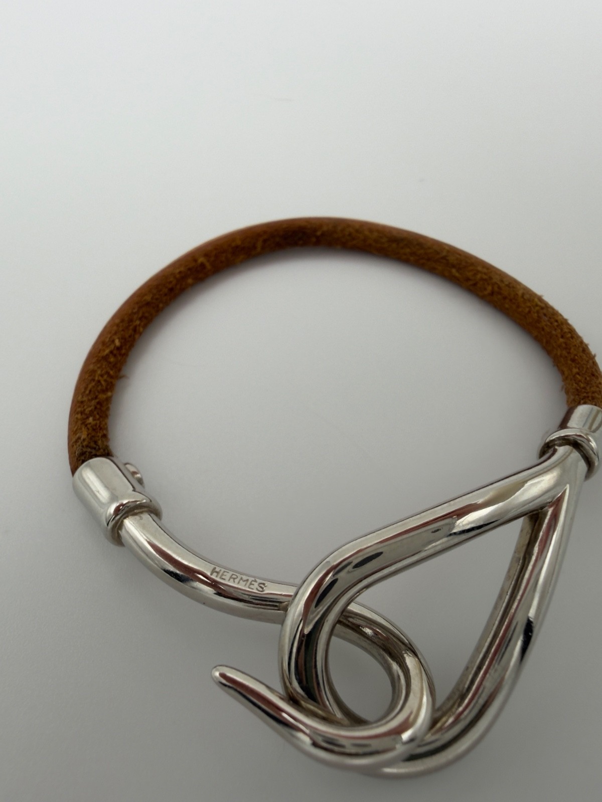 Authentic Hermes Leather Jumbo Hook Bracelet Palladium Plated Size 6 Brown