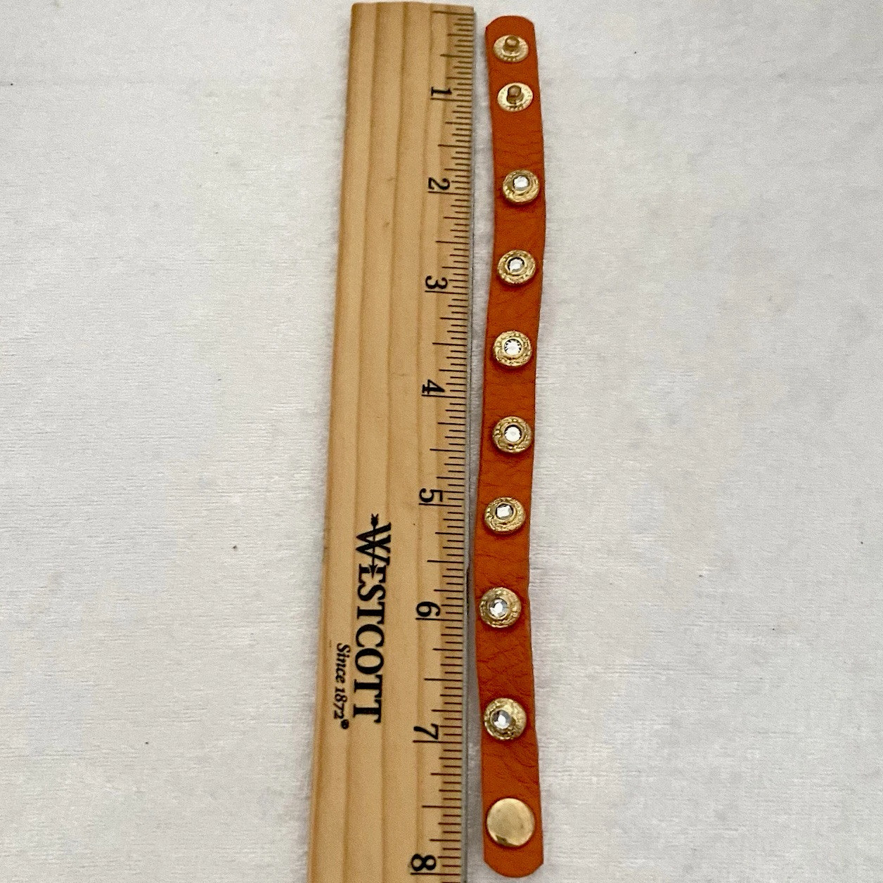 King Star Bracelet Orange Leather White Rhinestone Gold Tone Accept Snap Closure