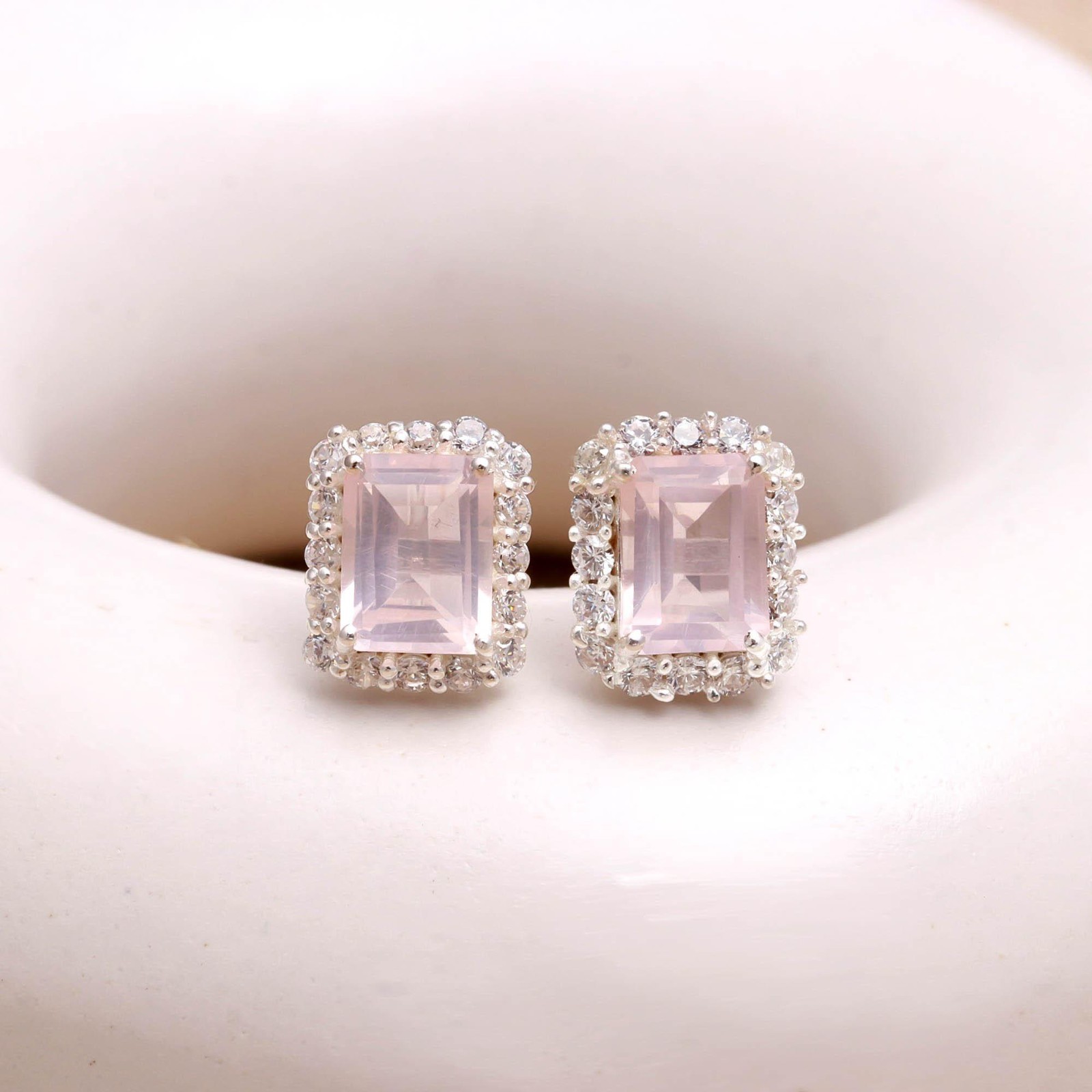 Natural Rose Quartz Octagon Stud Earrings 925 Sterling Silver Moissanite Jewelry