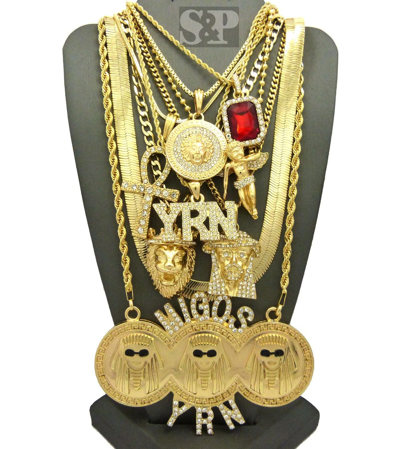 Hip Hop MIGOSYRN,MEDUSA,JESUS,ANKH,ANGEL,RUBY,HERRINGBONE CHAIN 9 Necklace Set