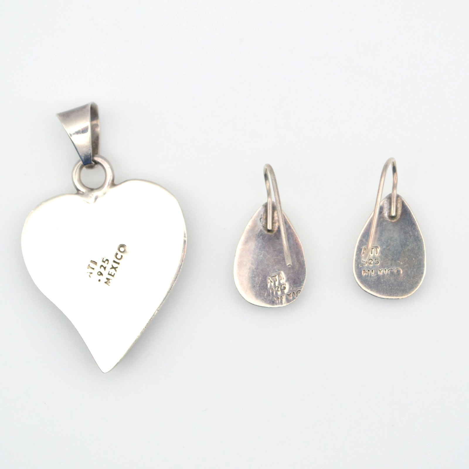 Mexican Sterling Silver Turquoise Heart Pendant & Teardrop Earrings Set 925 ATI