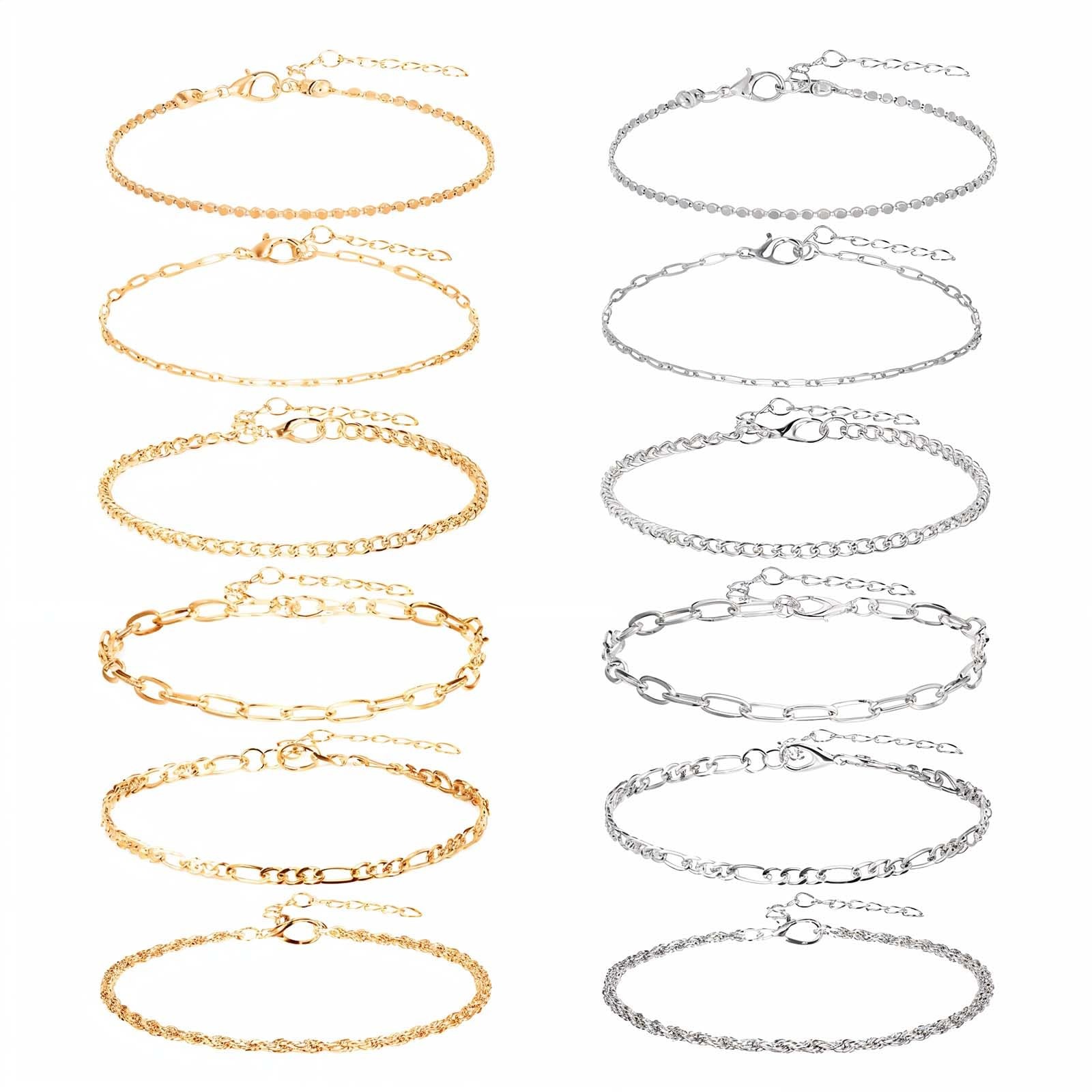 KFHENSOMR 12pcs Gold/Silver Ankle Bracelets for Women Medium, Gold + Silver
