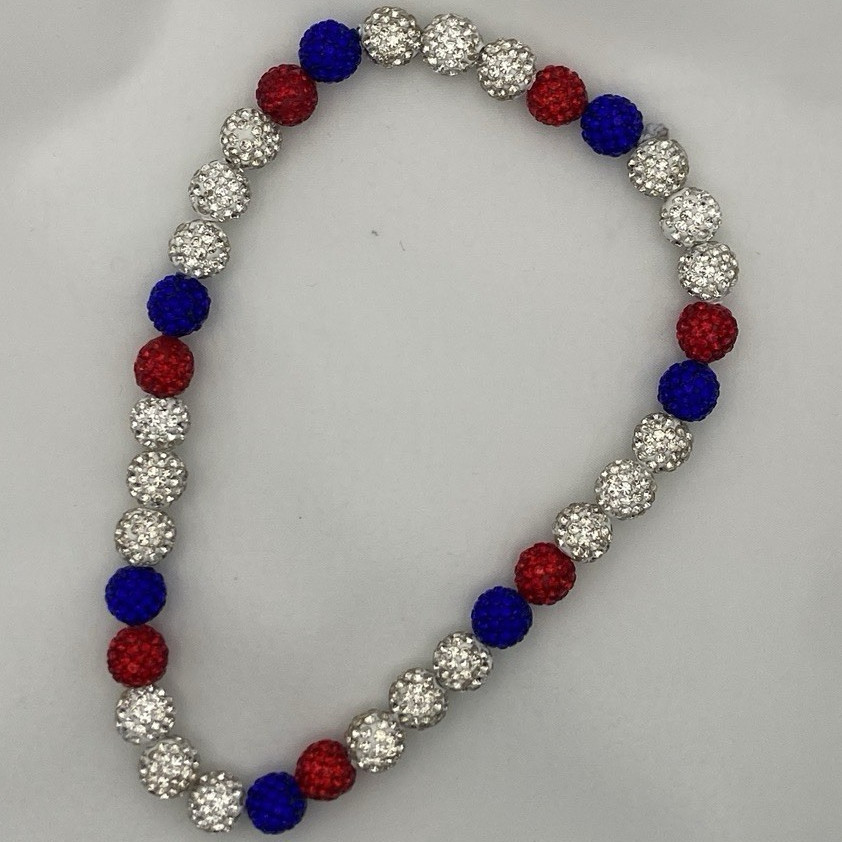 Red White & Blue Crystal Round Beaded Stretch 20” necklace