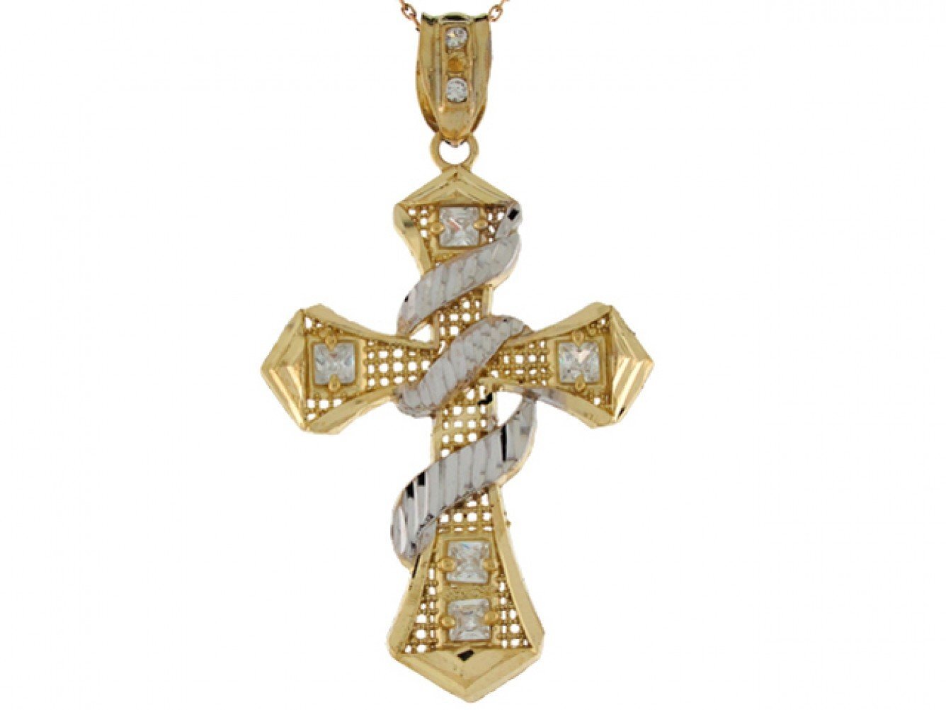 10k or 14k Two Toned Gold White CZ Accents Radiant Wrap Cross 5.2cm Pendant