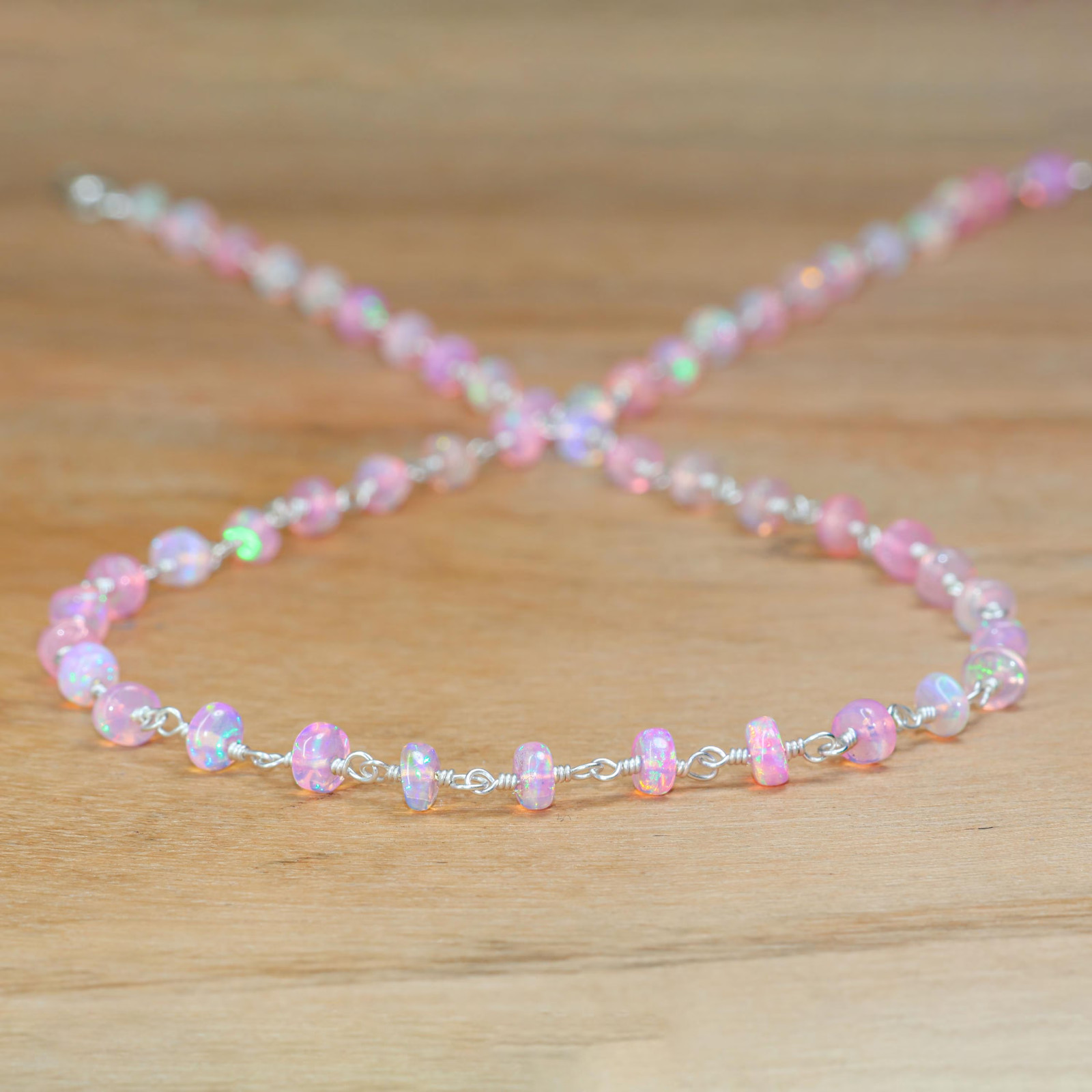 Multi fire Pink Opal Wire Wrap Necklace, Fire Opal Beaded Necklace, Smooth Opal