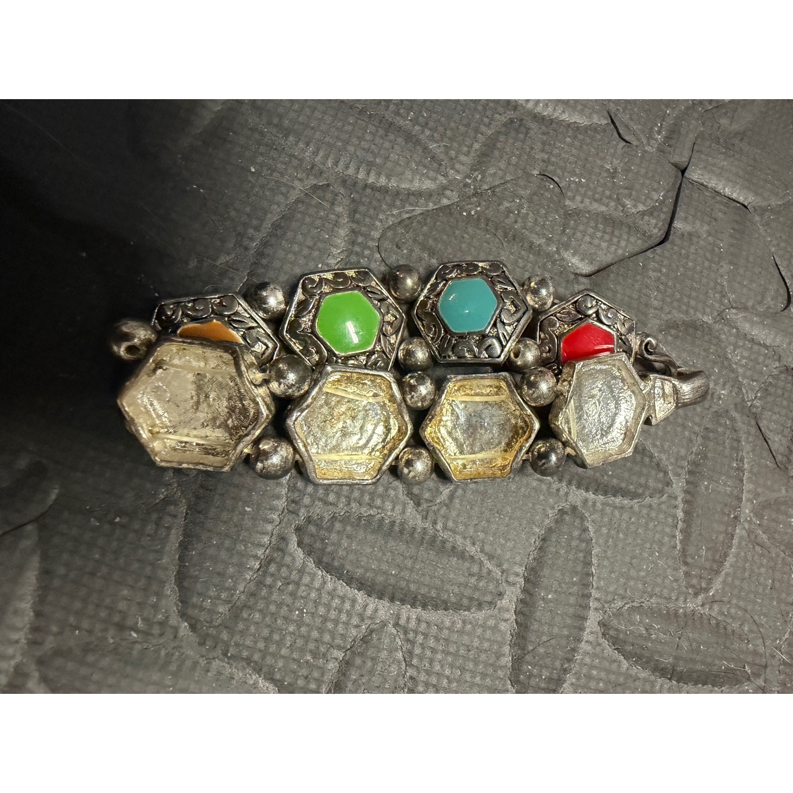 Premier Designs Link Bracelet Enamel Hexagon Silver Stone Engraved Jewelry Gift
