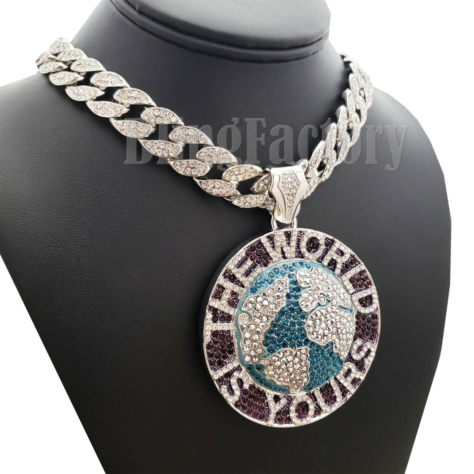 SILVER PLATED ALLOY CUBIC ZIRCONIA WORLD IS YOURS & 18″ ICED CHAIN NECKLACE SET